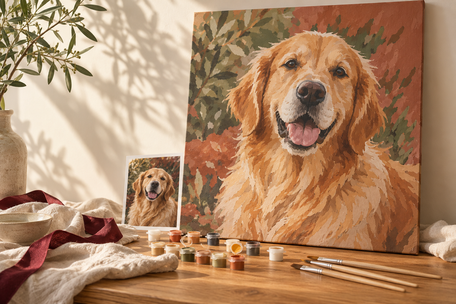 Illustration eines personalisierten Hundeporträts im Atelier